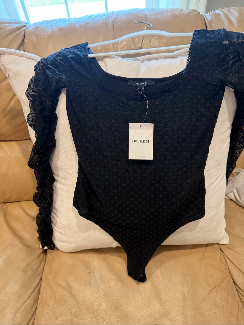 Forever 21 Black Dotted Mesh Ruffle-Sleeve Scoop Neck Bodysuit